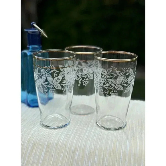Set Of 3 Vintage Mcm Bartlett - Collins Gold Trim Ivy Design Glasses 5"H - Picture 1 of 4